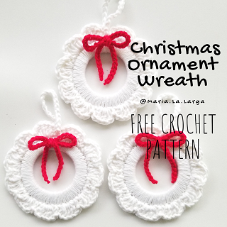 Free Pattern white Crochet wreath red ribbon minimalist Christmas ornament